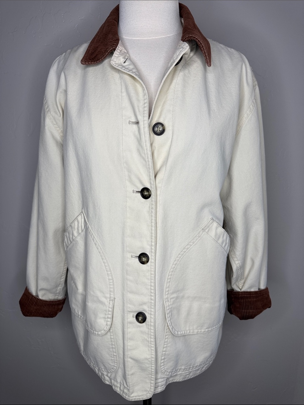 Lands' End Utility Chore Barn Jacket with Corduroy Brown Trim Navy Label